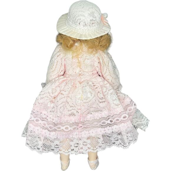 Porcelain Girl Doll in Blush Pink Lace Dress with Sunburst Hat - Picture 2 of 11
